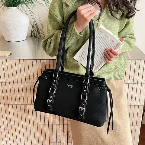 Vintage PU Leder Unterarmtasche Für Damen Große Kapazität Tote Schultertasche Mit Schnalle Dekor Buchstabendruck Handtasche