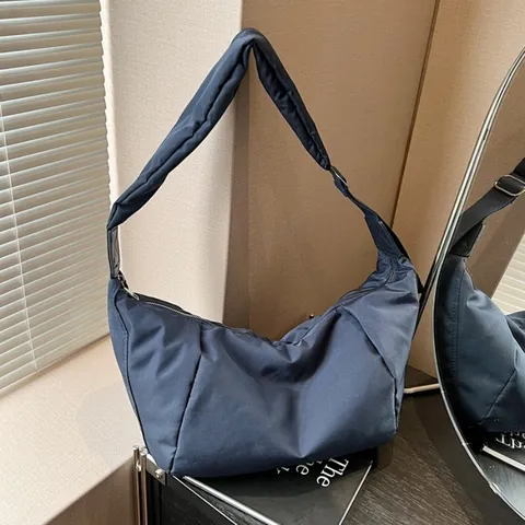 Large Capacity Canvas Hobo Bag For Women Casual Half Moon Shoulder Bag Solid Color Wide Strap Crossbody Bag Commute