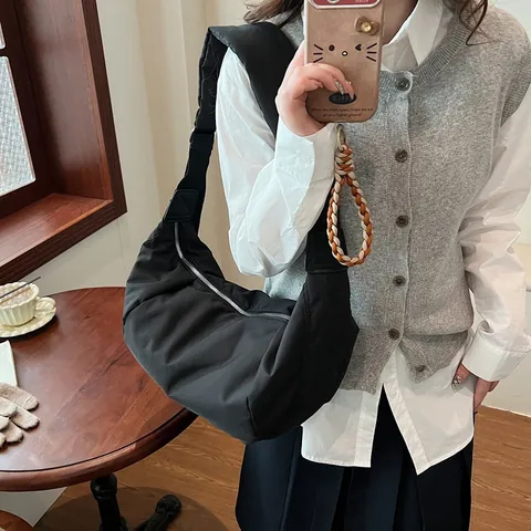Large Capacity Canvas Hobo Bag For Women Casual Half Moon Shoulder Bag Solid Color Wide Strap Crossbody Bag Commute