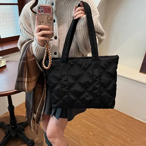 Women's Quilted Rhombic Tote Bag Padded Nylon Large Capacity Shoulder Bag Solid Color Winter Handbag For Daily Commuting