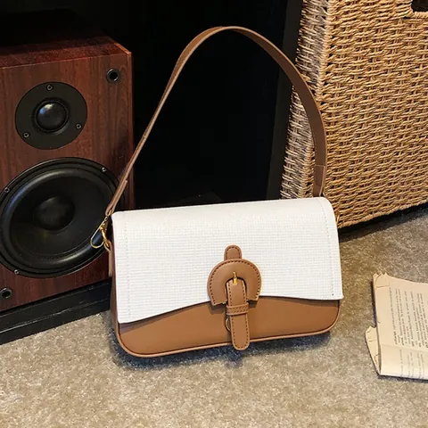 Bolso de Hombro Vintage para Mujer Bloque de Color Textura Tejida Cuero PU Bolso de Mano Moda Desplazamiento Bandolera Herrajes Dorados