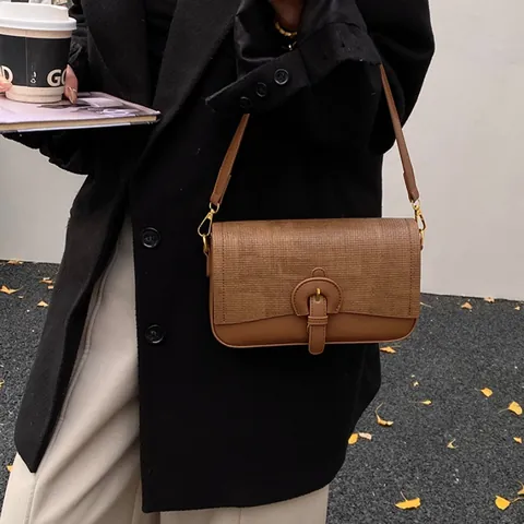 Bolso de Hombro Vintage para Mujer Bloque de Color Textura Tejida Cuero PU Bolso de Mano Moda Desplazamiento Bandolera Herrajes Dorados