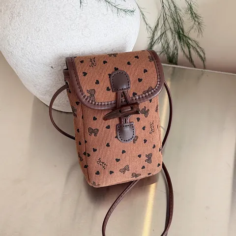 Bolsa para Teléfono de Pana Vintage para Mujer Mini Bolso Bandolera con Lazo Corazón Lunares y Botón de Trenca