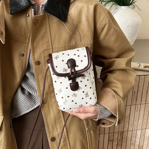 Bolsa para Teléfono de Pana Vintage para Mujer Mini Bolso Bandolera con Lazo Corazón Lunares y Botón de Trenca