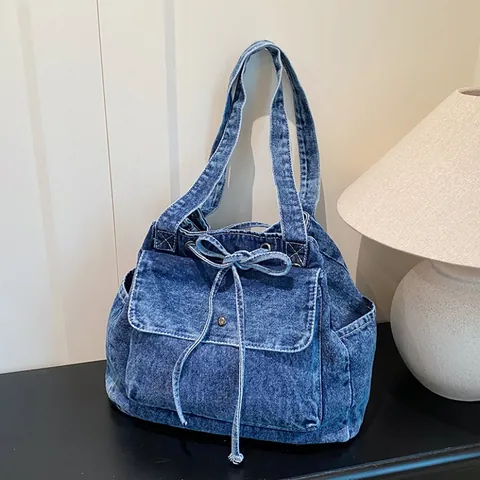 Vintage Washed Denim Tote Bag For Women Large Capacity Drawstring Shoulder Bag With Bow Decoration Retro Denim Handbag