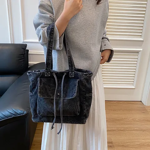 Vintage Washed Denim Tote Bag For Women Large Capacity Drawstring Shoulder Bag With Bow Decoration Retro Denim Handbag