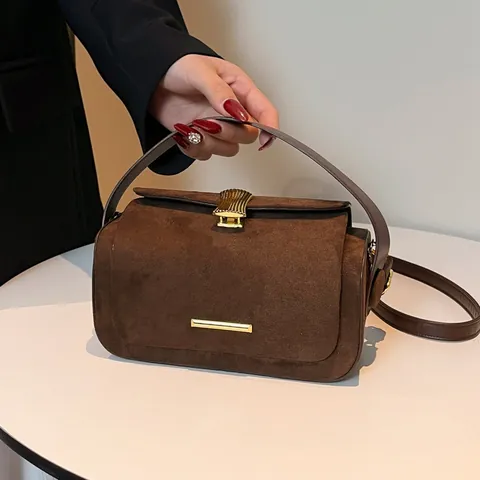 Vintage Handtasche aus PU-Leder in Wildleder-Optik für Damen Mode Matte Schultertasche Elegante Umhängetasche mit Goldschnalle