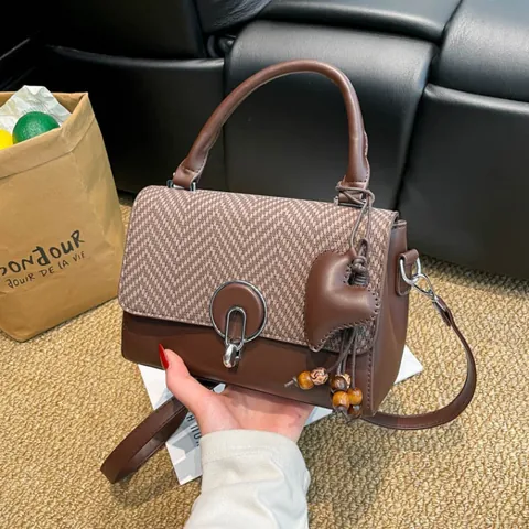 Retro Maillard Women PU Leather Handbag Herringbone Pattern Round Metal Lock Fashion Color Block Shoulder Crossbody Bag