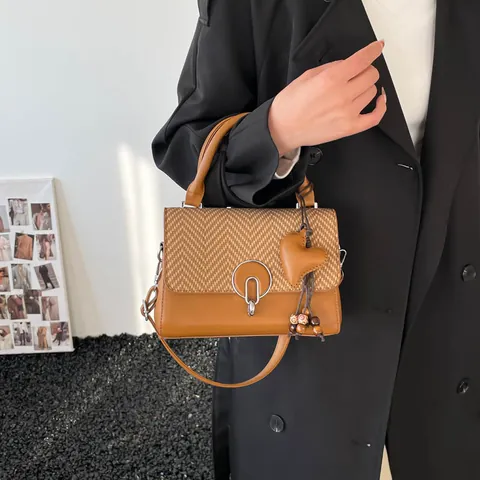 Retro Maillard Women PU Leather Handbag Herringbone Pattern Round Metal Lock Fashion Color Block Shoulder Crossbody Bag