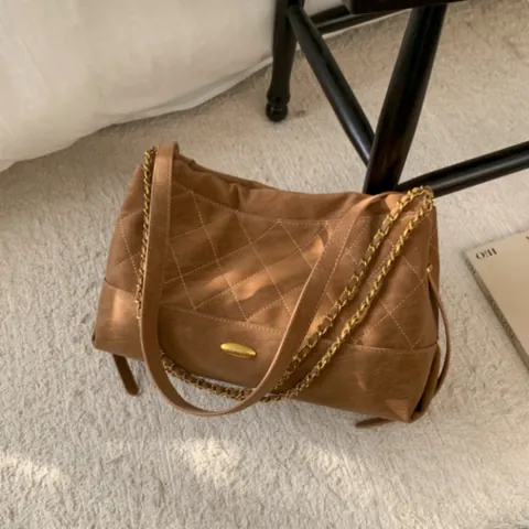 Vintage Gesteppte PU Leder Kette Schultertasche Für Damen Mode Bestickte Umhängetasche Große Kapazität Tägliche Tragetasche
