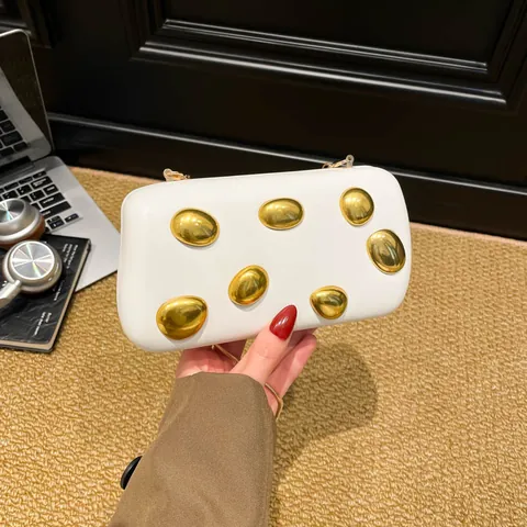 Damen Modern PU Leder Umhängetasche Mit Gold Kieselstein Dekor Kleine Quadratische Abend Clutch Mit Schlangenknochen Kette Schultergurt