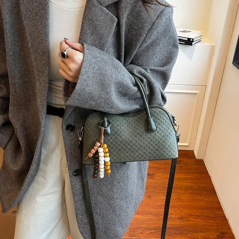 Bolso de Mano para Mujer con Estampado de Cuadros Tejido de Cuero PU Bolso Retro con Colgante de Cuentas Correa de Hombro Extraíble