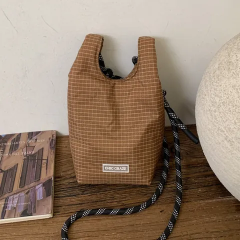 Damen Mode Leinwand Gitter Schultertasche Mit Geflochtenem Seilriemen Mini Kleine Quadratische Umhängetasche Chic Karomuster Handtasche