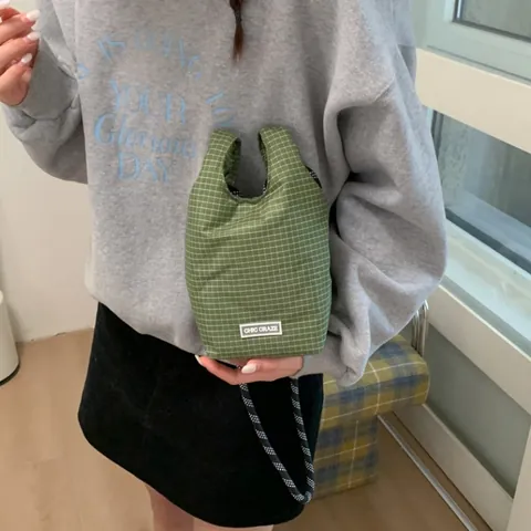 Damen Mode Leinwand Gitter Schultertasche Mit Geflochtenem Seilriemen Mini Kleine Quadratische Umhängetasche Chic Karomuster Handtasche