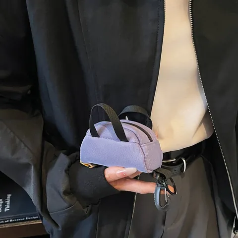 Mini Canvas Tote Bag Charm Solid Color Coin Purse For Earphones Lipstick Portable Zipper Bag With Carabiner For Women