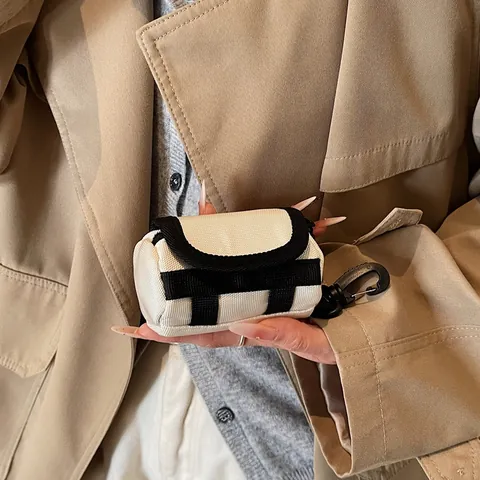 Mini Canvas Cylinder Pouch With Carabiner Hook For Women Earphone Lipstick Storage Bag Tactical Style Hanging Bag Charm