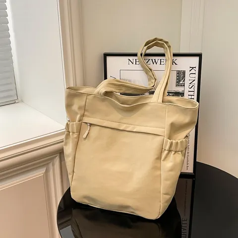 Women Large Capacity Nylon Tote Bag Lightweight Multi Pocket Minimalist Shoulder Bag Casual Commuting Solid Color Handbag Purse