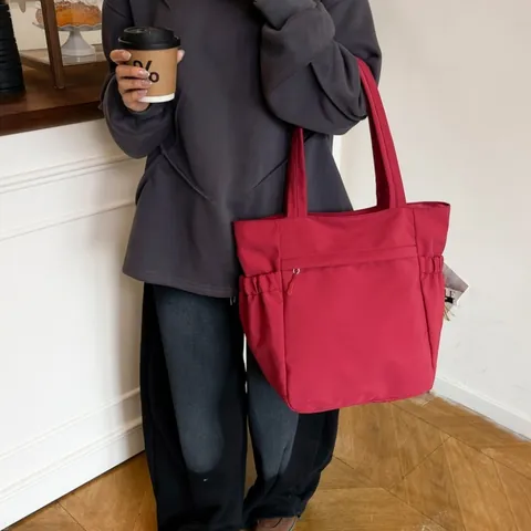 Women Large Capacity Nylon Tote Bag Lightweight Multi Pocket Minimalist Shoulder Bag Casual Commuting Solid Color Handbag Purse