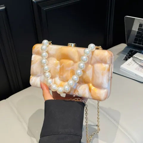 Acrylic Marble Pattern Box Bag With Artificial Pearl Handle Gold Chain Strap Elegant Evening Clutch For Wedding Party Women Handbag