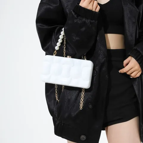 Acrylic Marble Pattern Box Bag With Artificial Pearl Handle Gold Chain Strap Elegant Evening Clutch For Wedding Party Women Handbag