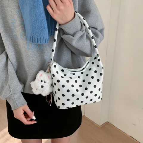 Women Casual Polka Dot Canvas Underarm Bag Retro Polka Dot Shoulder Bag Small Tote Handbag With Puppy Charm For Daily Use