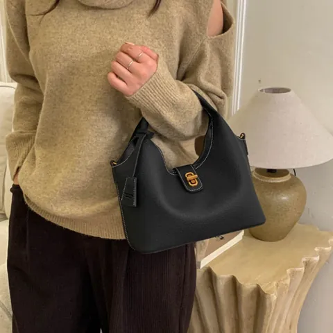 Bolso de Mano Retro con Patrón de Litchi de Cuero PU Para Mujer Bolso de Hombro Minimalista de Color Sólido Con Correa