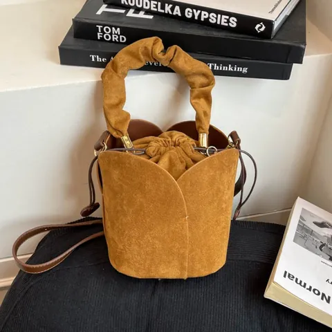 Borsa a Secchiello a Petali in Finta Pelle Scamosciata da Donna Borsa a Mano Vintage Minimalista Con Sacchetto Interno a Coulisse e Tracolla Regolabile