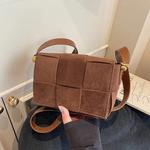 Bolso de Hombro Tejido de Cuero PU Esmerilado para Mujer Bolso Bandolera de Tejido Cuadrado Grande Con Correa Ajustable