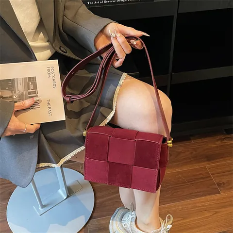 Bolso de Hombro Tejido de Cuero PU Esmerilado para Mujer Bolso Bandolera de Tejido Cuadrado Grande Con Correa Ajustable