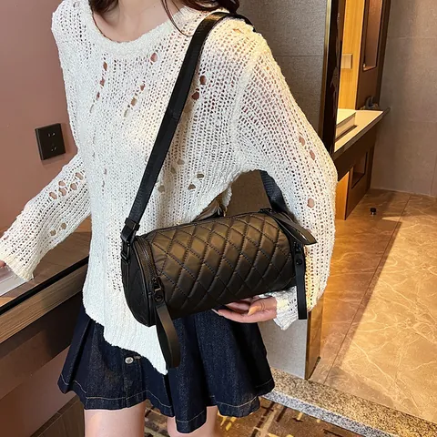 Sac Bandoulière Cylindrique en Nylon Matelassé pour Femme Casual Motif Losanges Sac Baril Minimaliste Urbain Noir