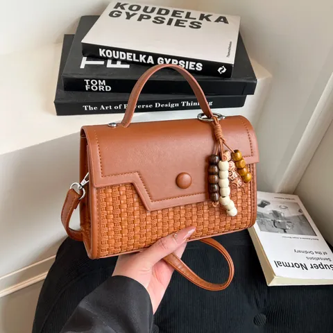 Women Vintage Woven PU Leather Patchwork Shoulder Bag With Beaded Charm Retro Handbag For Casual Daily Work Shopping Crossbody Bag