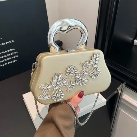 Luxury Rhinestone Flower Evening Bag PU Leather Box Clutch Handbag With Metal Handle Detachable Chain Strap For Women Party