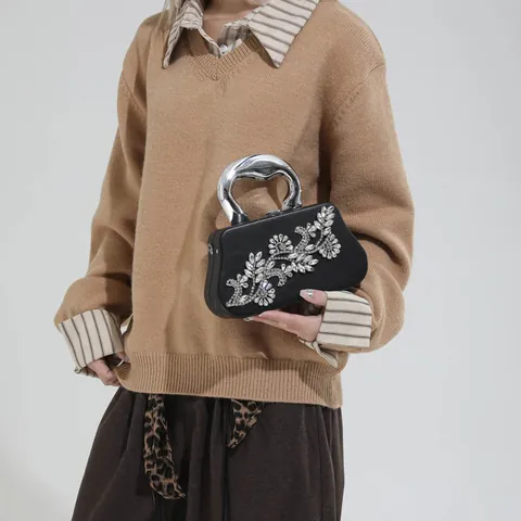 Luxury Rhinestone Flower Evening Bag PU Leather Box Clutch Handbag With Metal Handle Detachable Chain Strap For Women Party