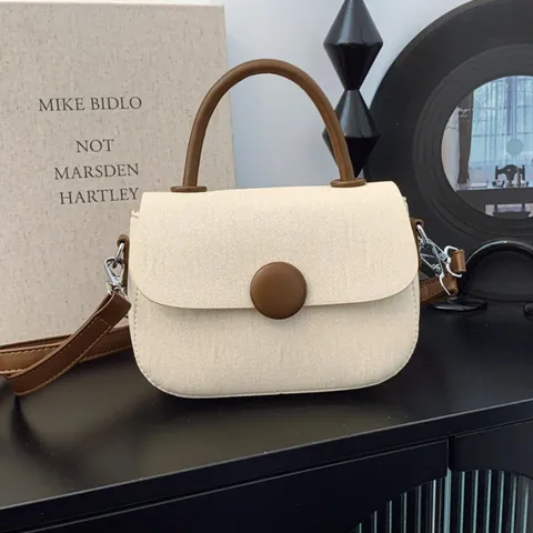 Fashion Women PU Leather Canvas Patchwork Handbag Retro Round Buckle Crossbody Bag Small Shoulder Bag Daily Travel Satchel