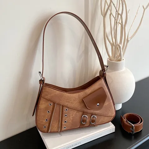 Women Vintage PU Leather Shoulder Bag Retro Punk Studded Underarm Bag Contrast Color Saddle Crossbody Bag With Rivets