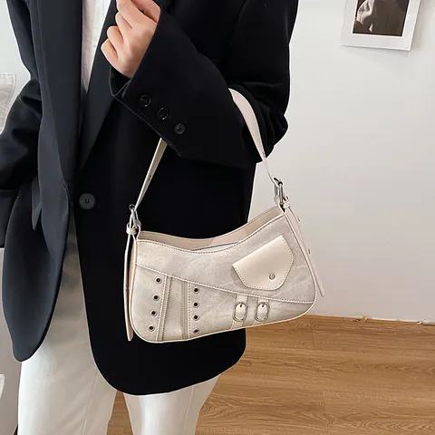 Women Vintage PU Leather Shoulder Bag Retro Punk Studded Underarm Bag Contrast Color Saddle Crossbody Bag With Rivets