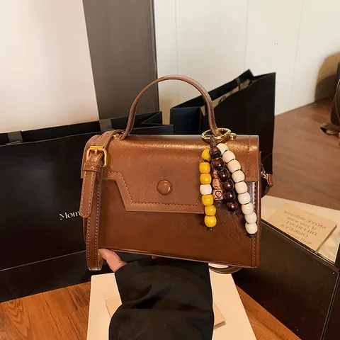 Women Minimalist PU Leather Crossbody Bag Vintage Square Handbag With Beaded Charm Decoration Casual Shoulder Bag For Daily Commute