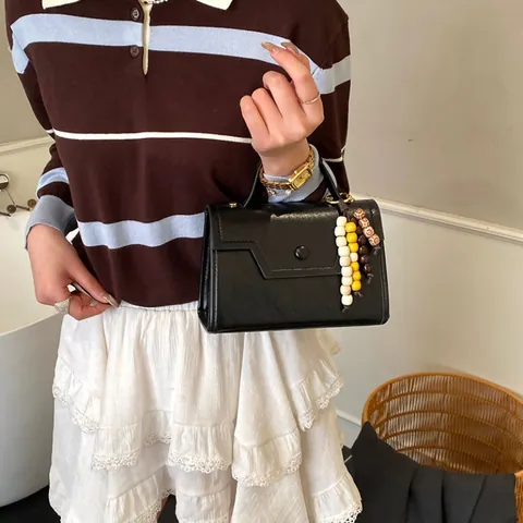 Women Minimalist PU Leather Crossbody Bag Vintage Square Handbag With Beaded Charm Decoration Casual Shoulder Bag For Daily Commute