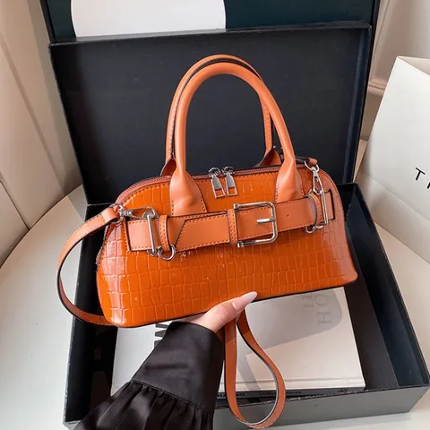 Women Vintage Crocodile Pattern Patent Leather Shell Bag Elegant Belt Decor Handbag Shoulder Crossbody Bag For Office Party