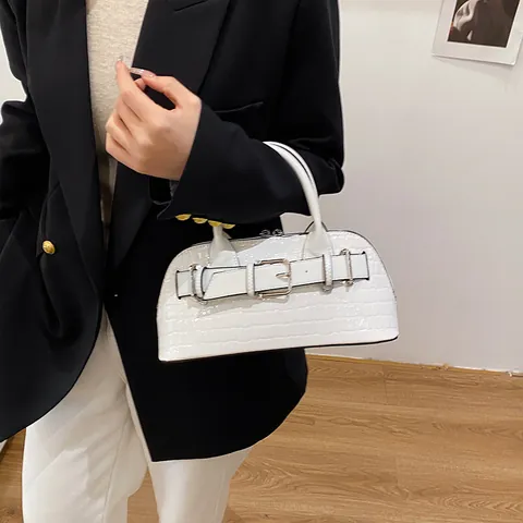 Women Vintage Crocodile Pattern Patent Leather Shell Bag Elegant Belt Decor Handbag Shoulder Crossbody Bag For Office Party