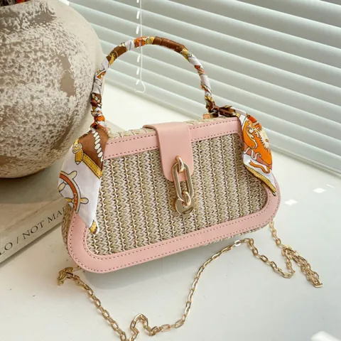Women Chic Straw Woven Handbag With Scarf Handle Metal Chain Shoulder Bag Summer Beach Vacation Crossbody Shell Bag