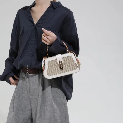 Women Chic Straw Woven Handbag With Scarf Handle Metal Chain Shoulder Bag Summer Beach Vacation Crossbody Shell Bag