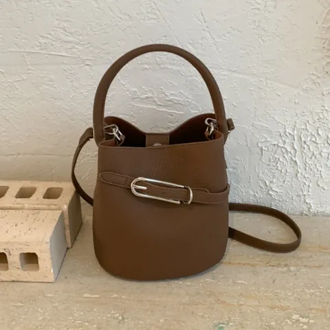 Vintage Retro Litchi Pebbled PU Leather Bucket Bag For Women With Pouch Adjustable Strap Minimalist Handbag Tote Bag