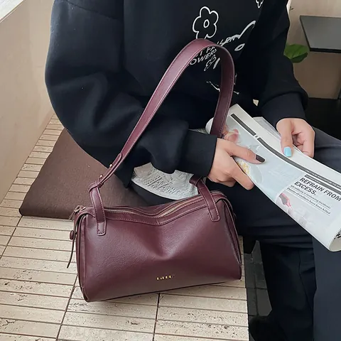 Bolso de Axila de Cuero PU Vintage para Mujer Color Sólido Patrón de Letras Bolso de Hombro Herrajes Dorados Cierre de Cremallera