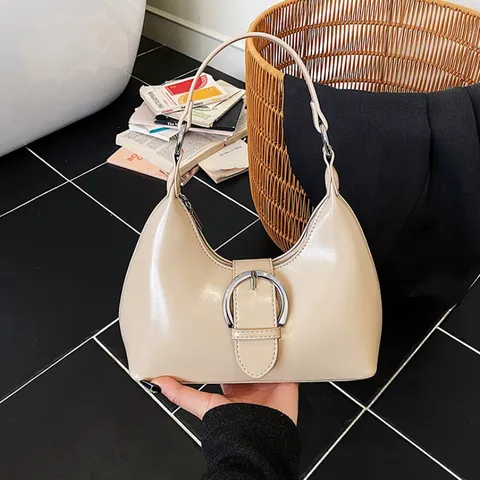 Women's Glossy PU Leather Crescent Hobo Bag Minimalist Underarm Shoulder Bag With Large Silver Buckle Retro Daily Handbag