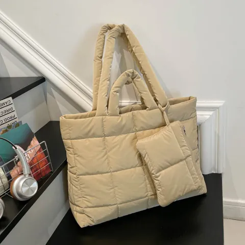 Women Large Capacity Quilted Puffer Tote Bag With Matching Small Purse Nylon Padded Shoulder Bag Casual Handbag For Daily