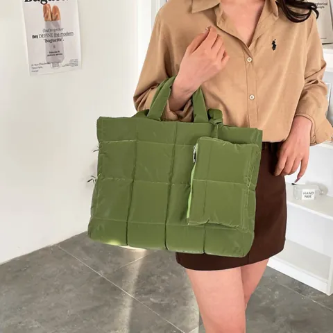 Women Large Capacity Quilted Puffer Tote Bag With Matching Small Purse Nylon Padded Shoulder Bag Casual Handbag For Daily