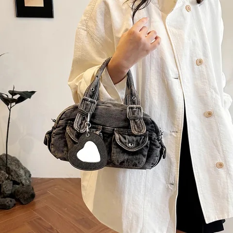 Vintage Washed Denim Shoulder Bag For Women Multi Pocket Heart Mirror Crossbody Handbag Workwear Style Y2K Fashion Bag