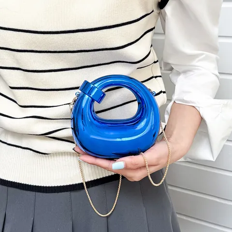 Metallic Mirror Crescent Hollow Out Mini Bag With Chain Geometric Geometric Evening Party Handbag For Women