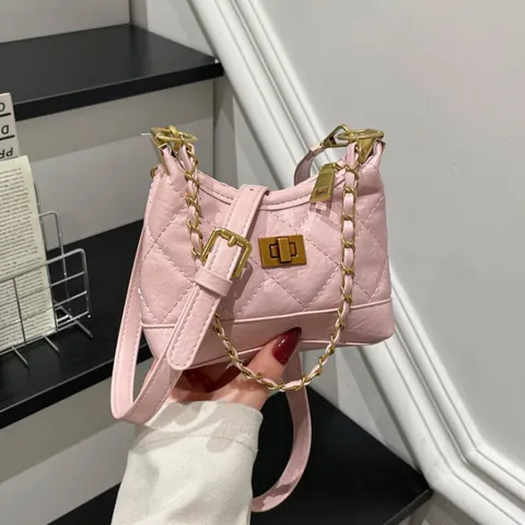 Damen Mini Gesteppt PU Leder Kette Umhängetasche Vintage Gold Drehverschluss Schultertasche Elegante Hobo Tasche Für Alltag Dating Party